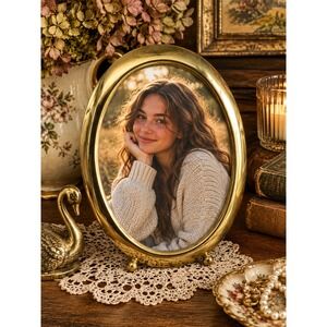 Vintage Oval Brass Picture Frame Gold Tone Metal Ball Feet Tabletop Wall 8x10